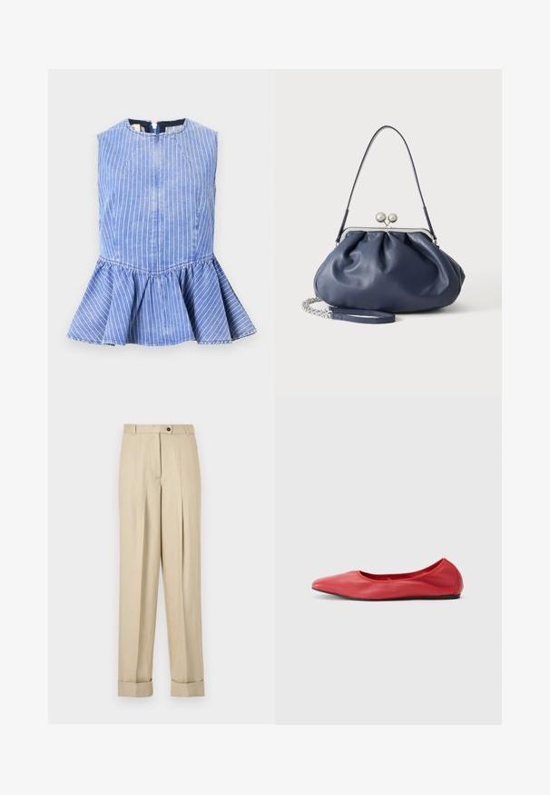 Haut en denim bleu sans manches avec des rayures verticales blanches et un ourlet évasé à basque, doté d'une fermeture éclair au dos.; Pantalon beige taille haute avec plis, passants pour ceinture, fermeture par bouton et zip, et ourlets retroussés sur un fond uni.; Filippa K REY FLATS - Ballerines - bright red; Sac à main en cuir bleu marine doux avec fermeture à boucle argentée, une seule bandoulière, et une chaîne de poignet amovible sur fond blanc.