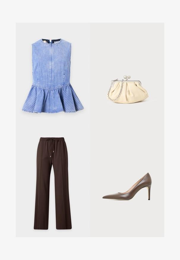 Haut en denim bleu sans manches avec des rayures verticales blanches et un ourlet évasé à basque, doté d'une fermeture éclair au dos.; Pantalon marron foncé à jambes droites avec taille élastique et cordon, présentant des détails de couture simples à l'avant.; Chaussure à talon haut en cuir marron à bout pointu avec un talon aiguille fin et une finition lisse sur un fond clair.; Pochette en cuir beige plissé avec un cadre en métal argenté, dotée de deux fermoirs ronds décoratifs et d'une chaîne en argent.
