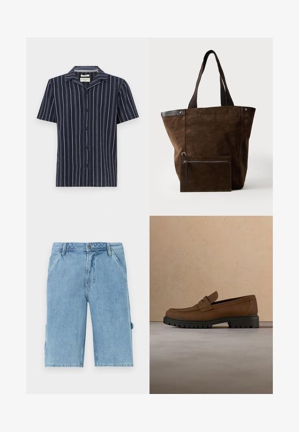 Chemise marine à manches courtes avec des rayures blanches verticales, un col en V et des boutons noirs à l'avant. Fabriquée en tissu léger.; Shorts en denim bleu clair à coupe droite, dotés de poches avant et d'une poche cargo sur le côté, présentant une texture décolorée et des passants de ceinture à la taille.; Mocassin en cuir marron foncé avec semelle épaisse en caoutchouc noir présenté au-dessus d’un tapis beige et d’un canapé en arrière-plan.; Sac cabas en daim marron foncé avec des poignées noires et une pochette rectangulaire zippée assortie fixée à l'avant.
