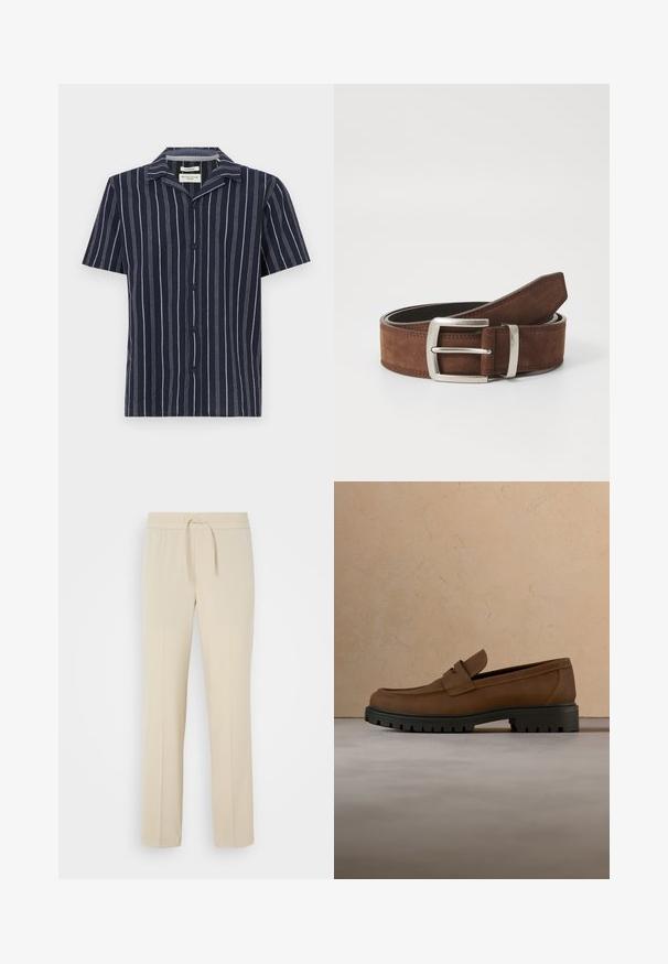 Marineblaues Kurzarmhemd mit vertikalen weißen Streifen, einem abgestuften Kragen und schwarzen Knöpfen auf der Vorderseite. Hergestellt aus leichtem Stoff.; Beige, elastische Hosen mit einem Kordelzug. Sie haben gerade Beine und eine glatte Textur, geeignet für Freizeit oder Entspannung.; Dunkelbrauner Lederloafer mit dicker schwarzer Gummisohle, dargestellt über beigem Teppich und Sofa-Hintergrund.; Brauner Wildledergürtel mit einer silbernen Metallschnalle und linienförmigem Stitching-Detail. Der Gürtel ist flach und hat eine klassische Breite und Form.