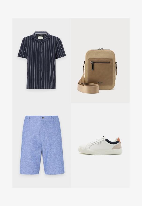 Chemise marine à manches courtes avec des rayures blanches verticales, un col en V et des boutons noirs à l'avant. Fabriquée en tissu léger.; Shorts bleu clair en tissu texturé, dotés d'une fermeture à bouton à l'avant et de poches latérales, avec une coupe droite et un design au genou.; Baskets en cuir blanc avec un design bas, accent en tissu bleu marine sur le col et onglet de talon en daim rose pâle. Semelle en caoutchouc.; Petit sac bandoulière beige avec poche avant zippée, logo métallique ALDO, sangle large ajustable et forme rectangulaire arrondie sur fond blanc.