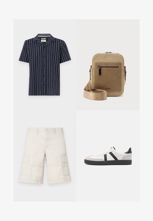 Chemise marine à manches courtes avec des rayures blanches verticales, un col en V et des boutons noirs à l'avant. Fabriquée en tissu léger.; Shorts cargo beiges en coton léger, dotés de deux poches latérales, d'un bouton de fermeture à l'avant et de détails de couture.; Baskets blanches avec des accents noirs et gris, présentant un embout texturé gris, une semelle en caoutchouc noir et des lacets plats blancs. Design épuré, style minimaliste.; Petit sac bandoulière beige avec poche avant zippée, logo métallique ALDO, sangle large ajustable et forme rectangulaire arrondie sur fond blanc.