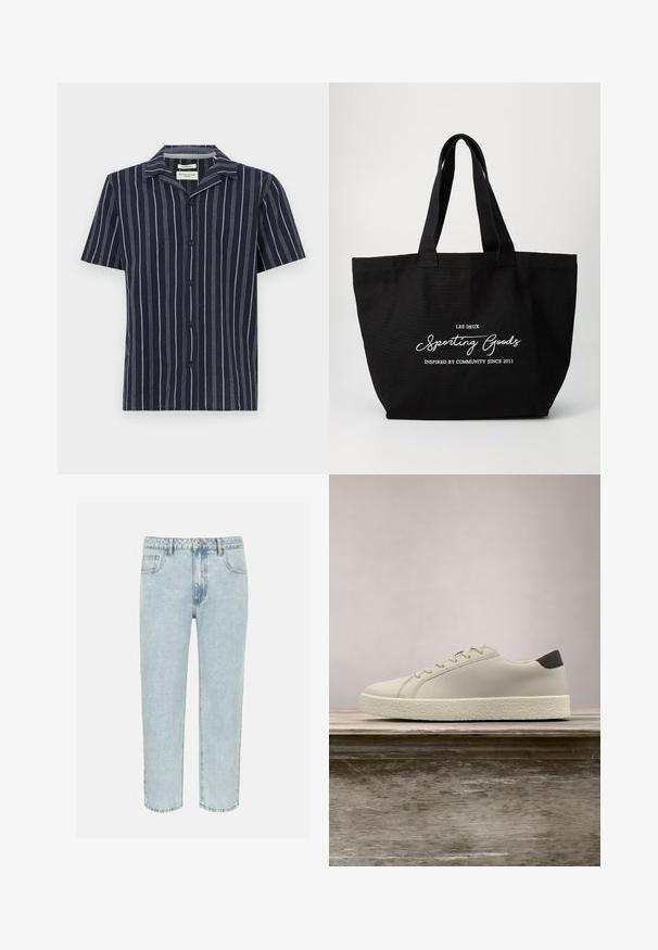 Chemise marine à manches courtes avec des rayures blanches verticales, un col en V et des boutons noirs à l'avant. Fabriquée en tissu léger.; Jean en denim bleu clair à jambes droites avec poches avant, passants pour ceinture et fermeture par bouton.; Baskets blanches avec semelle texturée et détail noir au talon, flottant au-dessus d'un banc en bois avec de hautes herbes vertes en arrière-plan.; Sac tote en toile noir avec deux poignées robustes. Présente un texte blanc : "LES DEUX Sporting Goods" et "Inspiré par la communauté depuis 2011."