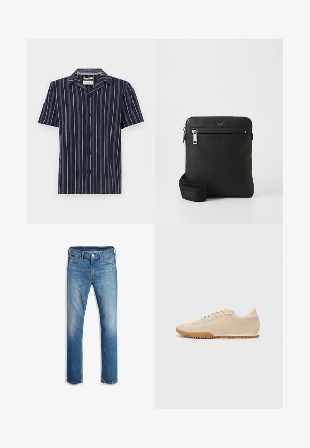Camisa de manga corta de color navy con rayas verticales blancas, cuello con muesca y botones negros en el frente. Fabricada con un tejido ligero.; Jeans de mezclilla azul claro con un diseño de pierna recta, cinco bolsillos, cierre de botón, un ligero desgaste y detalles de costura en color naranja.; Zapatillas de ante beige con un diseño aerodinámico, que presentan un upper texturizado, puntera redondeada y una suela de goma con un patrón de zigzag.; Bolso bandolera de cuero negro con diseño plano, superficie texturizada, cierre con cremallera, bolsillo frontal y una correa de tela ajustable.