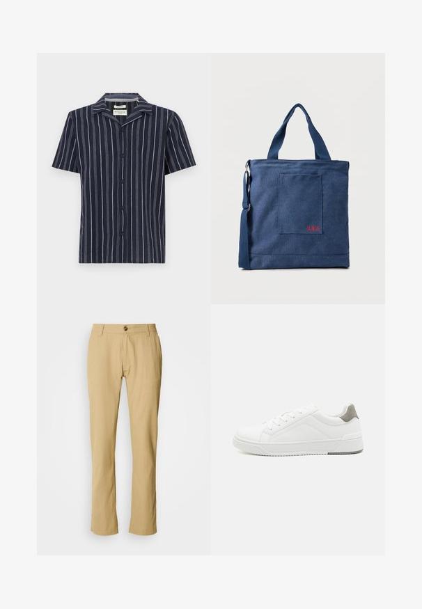 Marineblaues Kurzarmhemd mit vertikalen weißen Streifen, einem abgestuften Kragen und schwarzen Knöpfen auf der Vorderseite. Hergestellt aus leichtem Stoff.; Beige Hose mit geradem Bein, Knopfverschluss und subtiler Stofftextur. Keine Muster oder zusätzliche Beschläge sichtbar.; Weißer Sneaker aus glattem Leder, runde Zehenpartie, minimalistisches Design, graue Fersenkante und strukturierte Gummisohle.; Blauer Canvas-Einkaufstasche mit Vordertasche und roter "O.N.S" Stickerei, ausgestattet mit zwei Griffen und einem verstellbaren Schulterriemen.