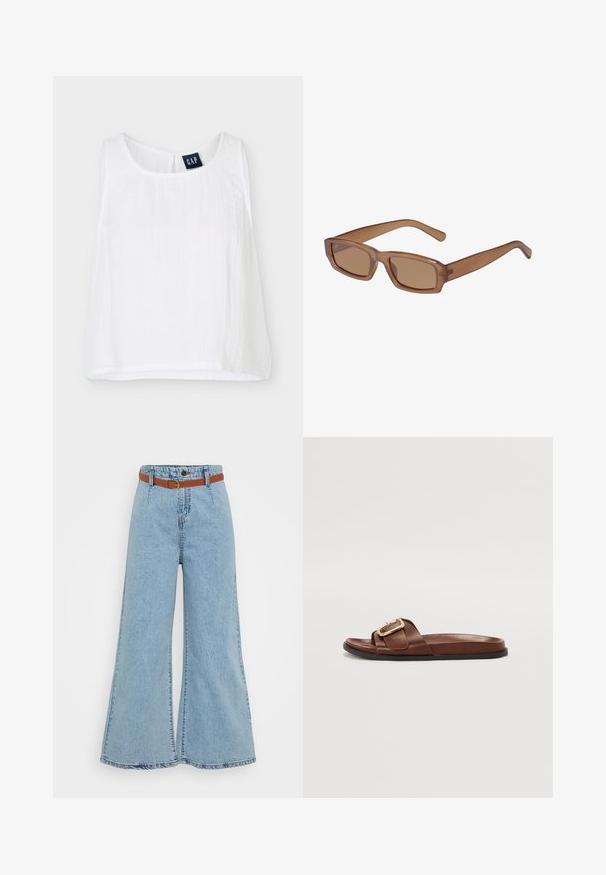 Top court blanc sans manches avec col rond et étiquette de marque GAP à l'intérieur du col au dos.; Jeans large bleu clair avec taille haute, bande élastique et une ceinture marron contrastante. Présente des coutures visibles et un ourlet effiloché.; Sandale en cuir marron avec une large bande ornée d'une boucle dorée, semelle plate et texture lisse.; Lunettes de soleil brunes, rectangulaires, avec une monture transparente, des branches fines et des verres teintés, offrant une texture lisse et un design moderne.
