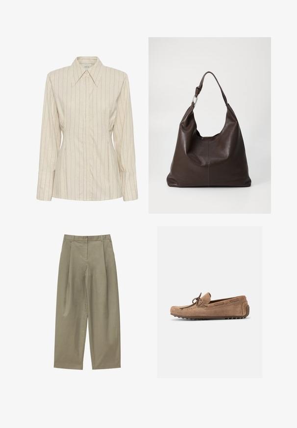 Blouse beige à manches longues avec boutons, fines rayures verticales et col pointu.; Pantalon large kaki avec passants pour ceinture, poches avant, et fermeture avant discrète par zip et bouton.; Mocassin de conduite en daim marron clair avec détail nœud, coutures moc toe, et semelle extérieure en caoutchouc à picots, présenté de profil sur fond blanc.; Zign by Zalando LEATHER - Cabas - chocolate brown