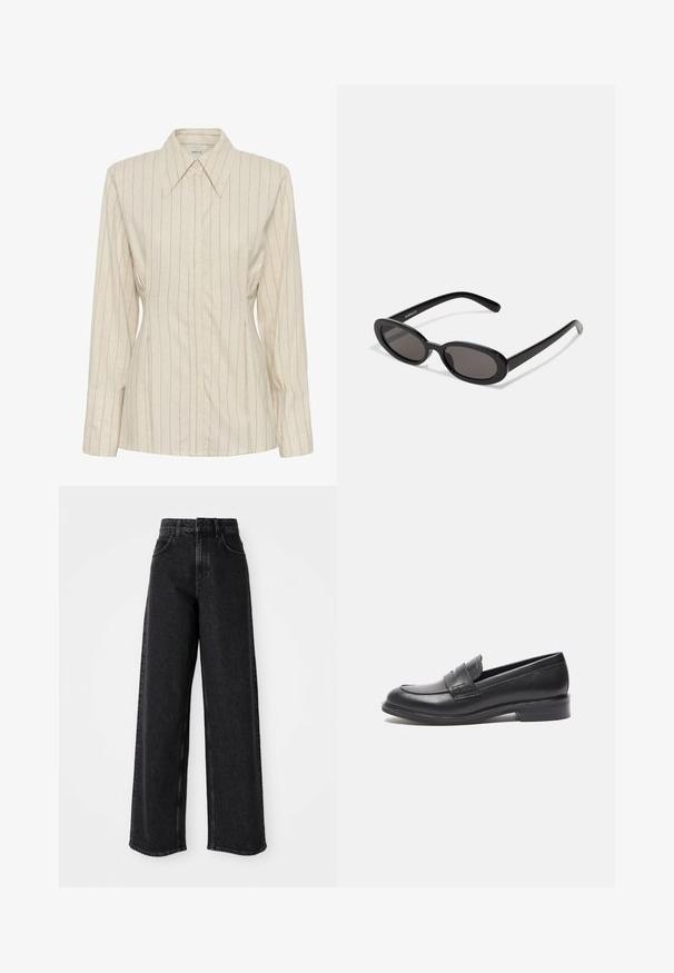 Blouse beige à manches longues avec boutons, fines rayures verticales et col pointu.; Jean en denim noir à taille haute et jambes larges, avec un design classique à cinq poches et des détails de couture subtils.; Mocassins en cuir noir avec une finition lisse, bout arrondi et détail de couture sur les côtés. Présente un petit talon rectangulaire.; Even&Odd by Zalando Lunettes de soleil - black