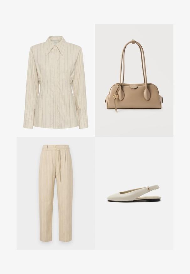 Blouse beige à manches longues avec boutons, fines rayures verticales et col pointu.; Pantalon beige à rayures avec une coupe décontractée, présentant une taille cintrée, une fermeture à bouton et une ceinture à nouer, fabriqué à partir d'un tissu léger.; Chaussure plate slingback en cuir couleur crème avec un bout arrondi et un petit emblème doré sur la bride.; Sac à main beige avec une texture en cuir lisse. Forme arrondie, deux longues anses et un détail de quincaillerie dorée sur une fermeture éclair.