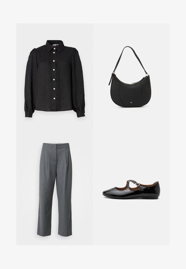 Camisa negra de botones con cuello, fabricada con un tejido texturizado, que presenta pliegues verticales y botones en forma de perlas en la parte delantera y acentos en los puños.; Pantalones de tela gris ajustados con corte recto, que presentan una textura suave, pliegues en la parte delantera y bolsillos laterales. Sin herrajes ni acentos visibles.; Zapato plano Mary Jane de charol negro con dos recortes y una correa con hebilla dorada sobre fondo blanco.; Bolso de mano de cuero negro con forma curva, superficie texturizada, costuras frontales y un logo en tono dorado. Cuenta con una sola correa ajustable.