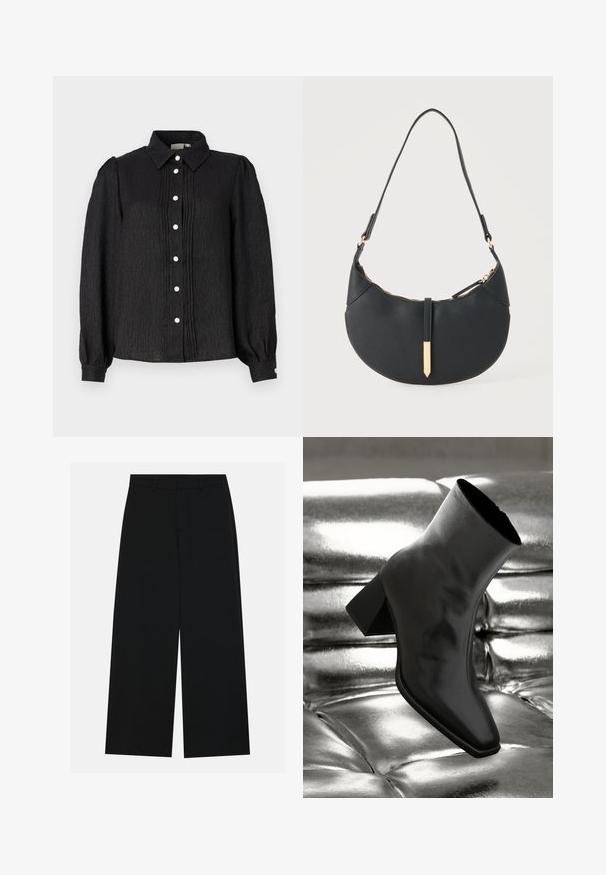 Zwarte blouse met kraag en knopen, vervaardigd uit textuurstof, met verticale plooien en parelachtige knopen aan de voorkant en bij de manchetten.; Zwart, wijde broek van een gladde stof. Heeft een plat tailleband met riemlussen en geen zichtbare zakken. Eenvoudig ontwerp.; Zwarte enkellaarsjes van glanzend materiaal met een vierkante neus en taps toelopende hak, afgezet tegen een glanzende zilveren gecapitonneerde achtergrond.; Zwarte handtas in halve maanvorm met een enkele band, gouden rits en een gouden rechthoekige decoratieve tab aan de voorkant.