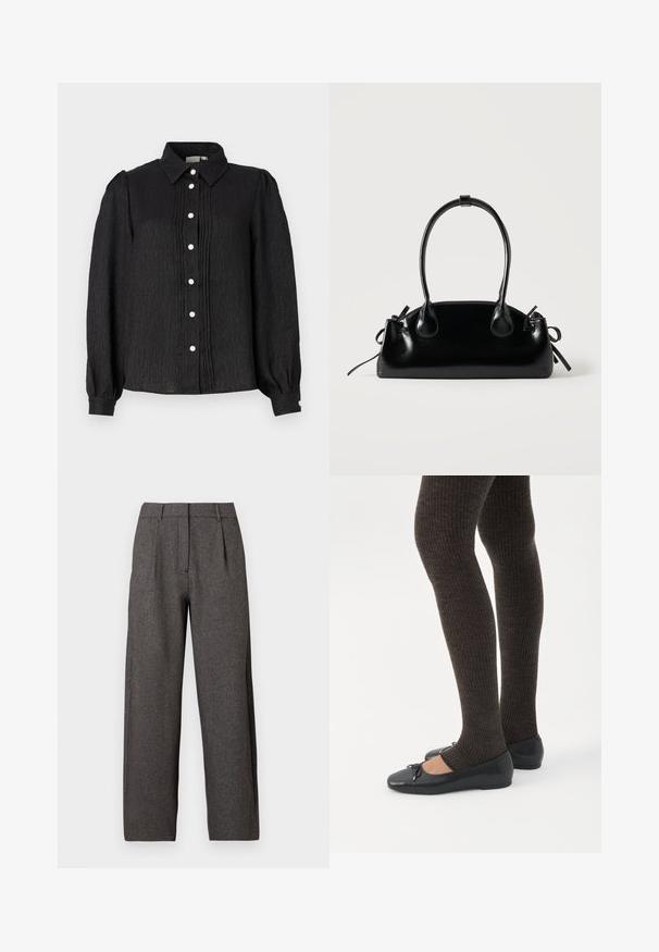 Camisa negra de botones con cuello, fabricada con un tejido texturizado, que presenta pliegues verticales y botones en forma de perlas en la parte delantera y acentos en los puños.; Pantalones de talle alto de pierna ancha en gris oscuro, con trabillas para cinturón, plisados frontales y cierre oculto con cremallera en la parte delantera.; Piernas con leggings oscuros acanalados combinados con bailarinas negras que presentan pequeños detalles de lazo sobre un fondo blanco.; Pequeño bolso negro brillante con dos asas largas y detalles de cordón lateral sobre un fondo claro liso.
