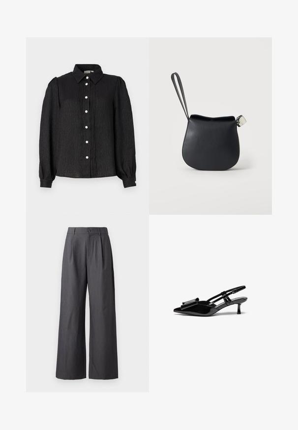 Camisa negra de botones con cuello, fabricada con un tejido texturizado, que presenta pliegues verticales y botones en forma de perlas en la parte delantera y acentos en los puños.; Pantalones anchos de pierna ancha de color gris oscuro con pliegues, trabillas para cinturón y cierre de botón en la cintura, mostrados sobre un fondo liso.; Zapatos de tacón slingback de charol negro con punta afilada, detalle de lazo en el frente y un pequeño tacón de aguja. Las correas tienen hebillas ajustables.; Bolso de muñeca de cuero negro con base redondeada y cierre plateado sobre un fondo blanco liso.