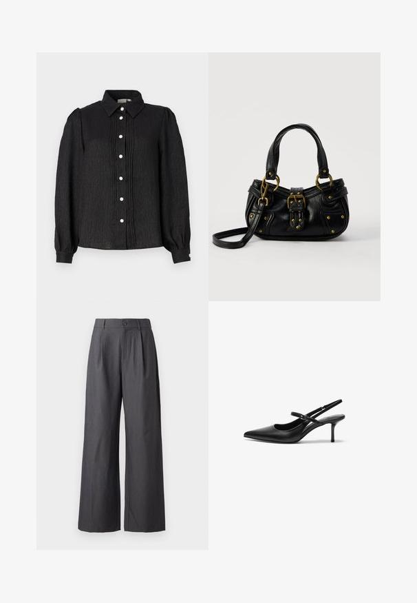 Camisa negra de botones con cuello, fabricada con un tejido texturizado, que presenta pliegues verticales y botones en forma de perlas en la parte delantera y acentos en los puños.; Pantalones anchos de pierna ancha de color gris oscuro con pliegues, trabillas para cinturón y cierre de botón en la cintura, mostrados sobre un fondo liso.; Zapatos de tacón slingback de cuero negro con punta afilada, correa ajustable delgada y un tacón de aguja de aproximadamente 5 cm, textura suave.; Bolso de cuero negro con hebilla y detalles de remaches dorados, asas cortas y una correa de hombro ajustable sobre un fondo blanco liso.