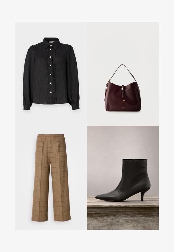 Zwarte blouse met kraag en knopen, vervaardigd uit textuurstof, met verticale plooien en parelachtige knopen aan de voorkant en bij de manchetten.; Bruin geruite wijde pantalon met een op maat gemaakte pasvorm, gekenmerkt door een textuurstof en voorplooien voor extra structuur.; Zwarte leren enkellaars met spitse neus en een mid-height kitten heel die boven een houten oppervlak zweeft, tegen een achtergrond van groene bladeren.; Donkerbruine leren schoudertas met gevlochten kwastje, gouden accenten en het Anna Field-logo aan de voorkant tegen een effen lichte achtergrond.