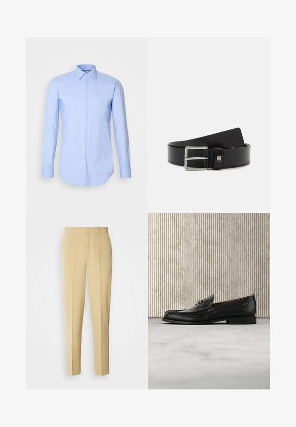 Lichtblauw shirt met lange mouwen van katoen, met een knoopsluiting aan de voorkant, kraag en afgeronde zoom. Gladde textuur zonder patronen.; Beige pantalon met rechte pasvorm, platte voorkant en zijzakken. Gemaakt van een gladde stof met een lichte glans.; Zwarte leren loafer met gouden metalen gesp en "HUGO" branding, weergegeven tegen een beige tapijt en bruin doorschijnend meubilair.; Zwarte leren riem met een gladde textuur, voorzien van een zilveren metalen gesp en een rechthoekige accent nabij de gesp.