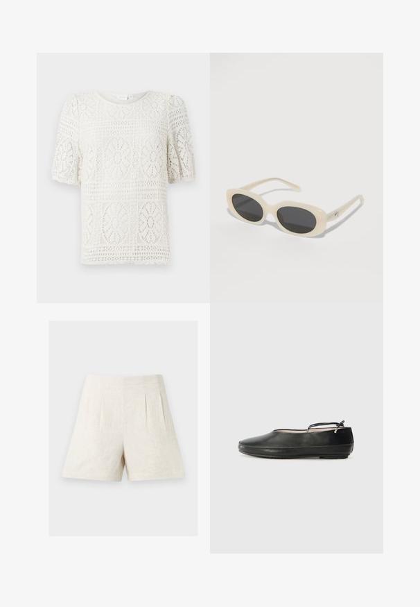 Haut blanc à manches courtes en dentelle avec des motifs floraux, présentant un col rond et un design en œillets texturé tout au long.; Shorts en lin beige taille haute avec plis devant et jambes larges, présentés sur un fond clair uni.; Ballerines en cuir noir avec un bout arrondi, une sangle à la cheville et une surface lisse. Elles présentent des embellissements minimaux et une semelle en caoutchouc flexible.; Lunettes de soleil de couleur crème avec des verres ovales et une teinte gris foncé. Présentent une monture en plastique élégante et des branches texturées avec un petit accent métallique.
