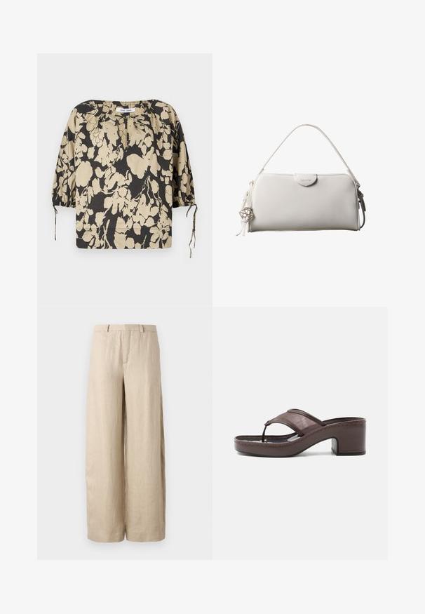 Blouse à fleurs noire et beige avec une coupe décontractée, un col rond et des manches bouffantes. Dotée de liens au niveau du col et de poignets élastiques.; Pantalon large beige en lin. Dispose d'un pli avant, de deux poches latérales et d'une taille avec passants de ceinture. Texture lisse.; Sandale marron à talon avec lanière en mesh et design en tige, dotée d'un talon bloc et d'une semelle cousue, présentée de profil sur fond blanc.; Sac à main rectangulaire blanc Calvin Klein avec une seule poignée, design minimaliste et pampilles décoratives avec un charm métallique géométrique sur le côté.