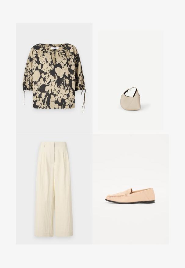 Blouse à fleurs noire et beige avec une coupe décontractée, un col rond et des manches bouffantes. Dotée de liens au niveau du col et de poignets élastiques.; Pantalons à jambes larges couleur crème en tissu texturé. Présentent des plis sur le devant et une taille haute, offrant un ajustement ample tout au long.; Mocassins en cuir beige avec des détails brodés, une semelle noire plate et un bout arrondi. Design minimaliste sans quincaillerie ou accents visibles.; Sac à main en cuir beige en forme de croissant avec une seule bandoulière et des coutures minimalistes, posé sur un fond blanc uni.