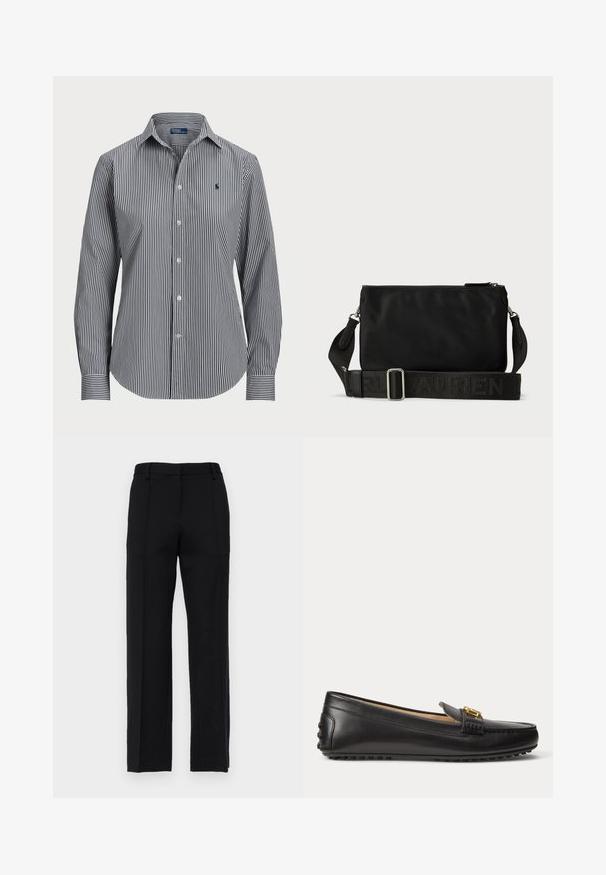 Chemise à boutons rayée présentant des rayures verticales bleu marine et blanches, manches longues, col pointu et un petit logo sur la poitrine.; Pantalon noir ajusté avec une coupe droite, doté de plis avant et d'une ceinture plate. Fabriqué dans un tissu lisse et texturé.; Mocassin en cuir noir avec détail de boucle dorée et semelle en caoutchouc cloutée, présenté de profil sur fond blanc.; Sac à bandoulière en nylon noir avec fermeture éclair, doté d'une sangle logo texturée et d'accents en métal argenté. Design rectangulaire simple.