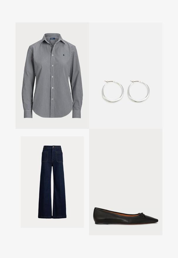 Chemise à boutons rayée présentant des rayures verticales bleu marine et blanches, manches longues, col pointu et un petit logo sur la poitrine.; Pantalon en denim bleu foncé à jambes larges avec poches plaquées avant, passants de ceinture et fermeture par boutons sur un fond uni clair.; Ballet flat en cuir noir avec un bout pointu, une silhouette élancée et un petit nœud à l'avant. Texture lisse et design minimal.; Les boucles d'oreilles en argent en forme de créole présentent un design lisse et arrondi avec un profil fin et un fermoir sécurisé. Style minimaliste avec une finition polie.