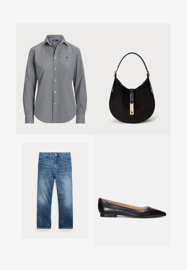 Camisa de botones a rayas con rayas verticales en azul marino y blanco, mangas largas, cuello puntiagudo y un pequeño logotipo en el pecho.; Vaqueros de denim azul lavado con corte de pierna recta, bolsillos delanteros, trabillas para cinturón y detalles descoloridos en los muslos y las rodillas.; Bailarinas de cuero negro con punta afilada, tacón bajo y un acento dorado en el tacón. Textura suave con una silueta clásica.; Bolso de hombro de ante negro con forma curva, una correa de cuero negro suave y un detalle de hardware en tono dorado con un logo.