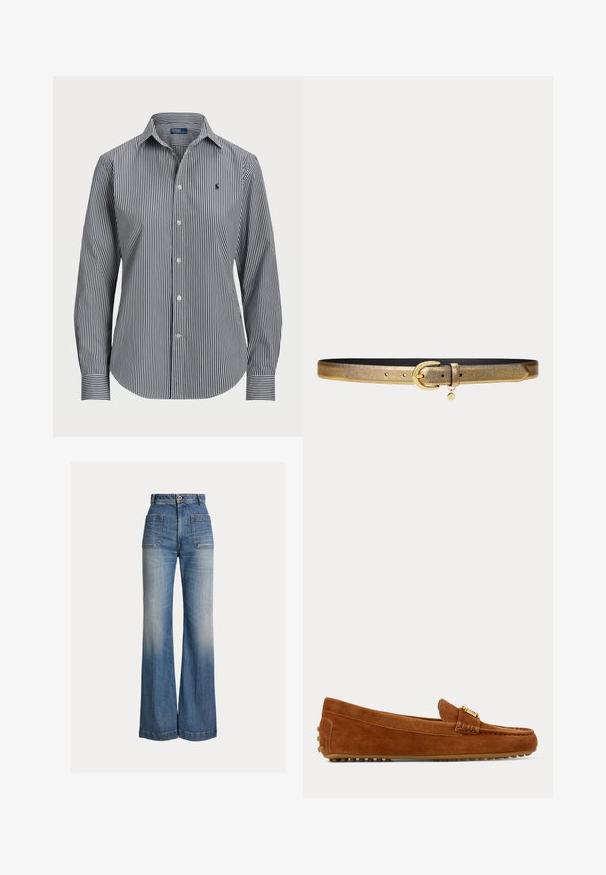 Gestreept overhemd met verticale marineblauwe en witte strepen, lange mouwen, puntige kraag en een klein logo op de borst.; Blauwe denim jeans met hoge taille en wijde pijpen, voorzakken, knoopsluiting en vervaagde plekken op dijen en knieën.; Bruine suède loafer met gouden gespdetail en rubberen noppenzool, gezien van opzij tegen een effen achtergrond.; Dunne metalen gouden riem met een gestructureerde afwerking, gouden ovale gesp en kleine ronde hanger die vlak bij de gesp hangt.