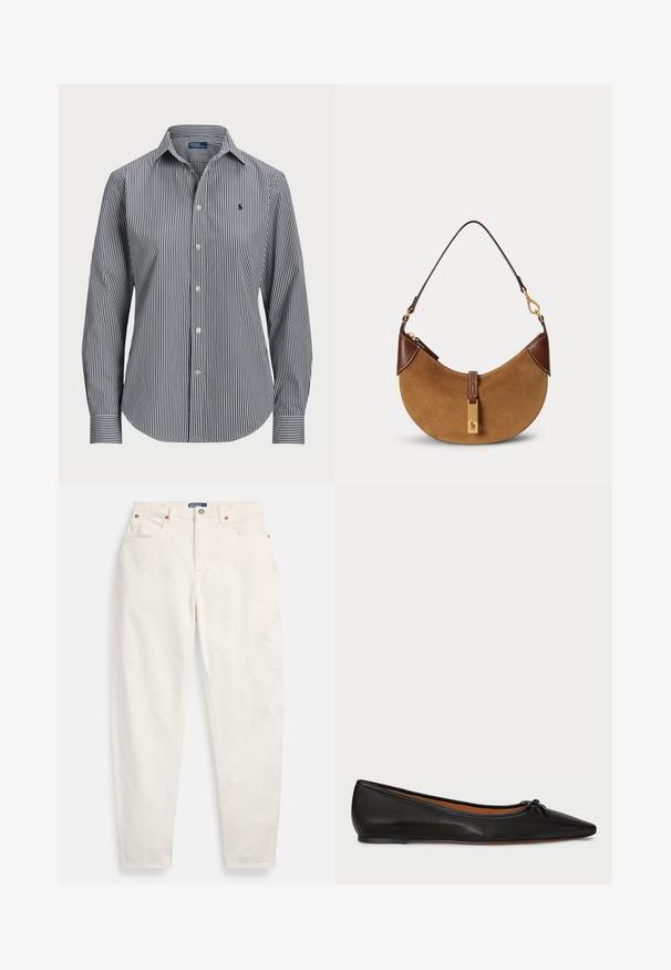 Stribet skjorte med knapper, der har lodrette marineblå og hvide striber, lange ærmer, spidse kraver og et lille logo på brystet.; Hvide høj-taljede jeans med lige ben, foran knap og lynlås, fem-lommer design og Polo mærkeetiket på linningen.; Sorte læderballetflade med spids tå, slank silhuet og en lille sløjfedetalje på forsiden. Glat tekstur og minimalistisk design.; Brun ruskind halv-måne taske med mørkebrune læderdetaljer, guldfarvet hardware og kort skulderrem.