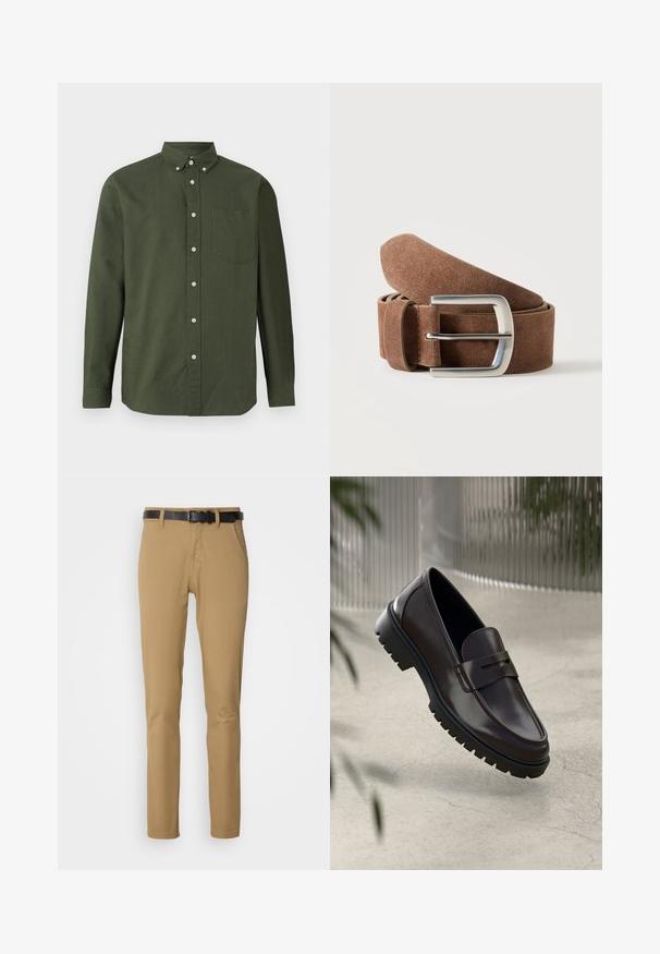 Donkergroen button-up shirt met lange mouwen, kraag, een enkele borstzak en witte knoopaccenten; gemaakt van een lichte stof.; Khaki broek met een slim fit ontwerp, gemaakt van zachte stof. Heeft een zwarte riem, twee voorzakken en een recht gesneden pijp.; Bruine leren loafers met een getextureerde, geribbelde rubberen zool. Beschikt over een slank ontwerp en een decoratieve band over de wreef.; Bruine suède riem opgerold met een zilverkleurige rechthoekige metalen gesp op een effen lichte achtergrond.