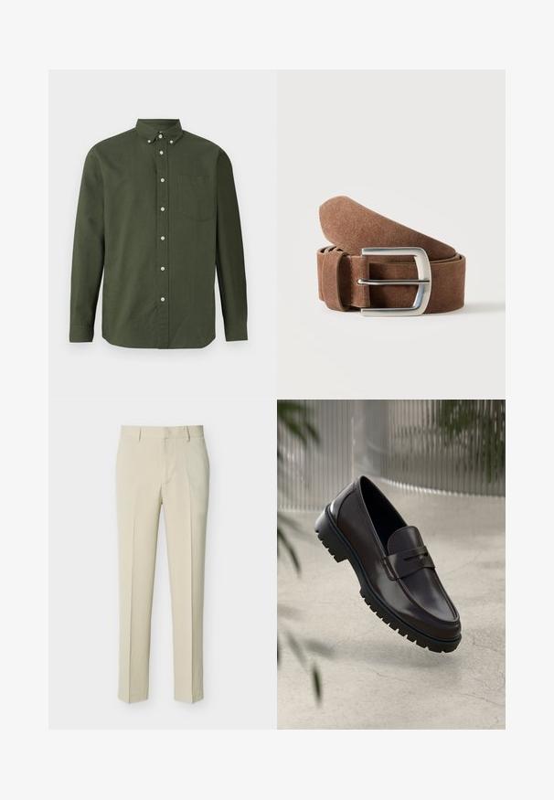 Camisa abotonada de color verde oscuro con mangas largas, cuello con solapas, un bolsillo en el pecho y acentos de botones blancos; hecha de una tela ligera.; Pantalones beige a medida de pierna recta con trabillas para cinturón y cremallera frontal, mostrados sobre un fondo claro y sencillo.; Mocasines de cuero marrón con una suela de goma texturizada y estriada. Presentan un diseño elegante y una correa decorativa sobre el empeine.; Cinturón de ante marrón enrollado con hebilla rectangular de metal plateado sobre fondo liso y claro.