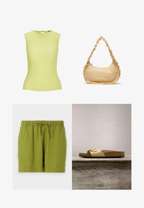 Lichtgele mouwloze top met een textuurpatroon, aansluitend design en een strikdetail aan de achterkant van de nek.; Groene linnen shorts met een elastische tailleband en verstelbare koord, met een relaxte pasvorm en rechte zoom.; Gouden synthetische slipper met een enkele band en een gespaccent, met een bruine kurken voetbed en een gestructureerde rubberen zool.; Geverfde beige tas met een ronde vorm, rafelige rand langs de randen en een korte schouderband. Ritsopening aan de bovenkant.