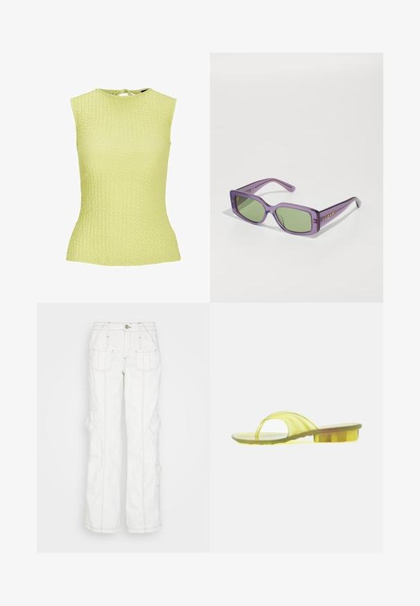 Top sin mangas de color amarillo claro con un patrón texturizado, diseño ajustado y un detalle de lazo en la parte posterior del cuello.; BDG Urban Outfitters Vaqueros boyfriend - white; Sandalia tipo slide translúcida amarilla con un pequeño tacón bloque y una amplia correa sobre el pie, mostrada de perfil sobre un fondo blanco.; Gafas de sol de plástico morado con lentes verdes rectangulares. La montura presenta un acabado brillante y una marca dorada "Vogue" en los laterales.