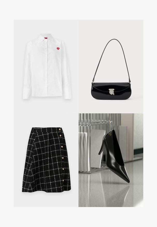 Chemise blanche à boutons avec manches longues, col classique et logo en forme de cœur rouge sur la poitrine gauche. Texture lisse et coupe ajustée.; Jupe en tweed noir avec un motif à carreaux blancs, au design évasé et avec des accents de boutons dorés sur le côté.; Chaussure noire à talon haut avec bout pointu et logo doré, posée sur une surface réfléchissante près d'un organiseur de dossiers en fil chromé contenant des documents.; Petit sac à main noir en cuir verni avec une fine bandoulière et un fermoir argenté orné d'un emblème stylisé représentant un visage.