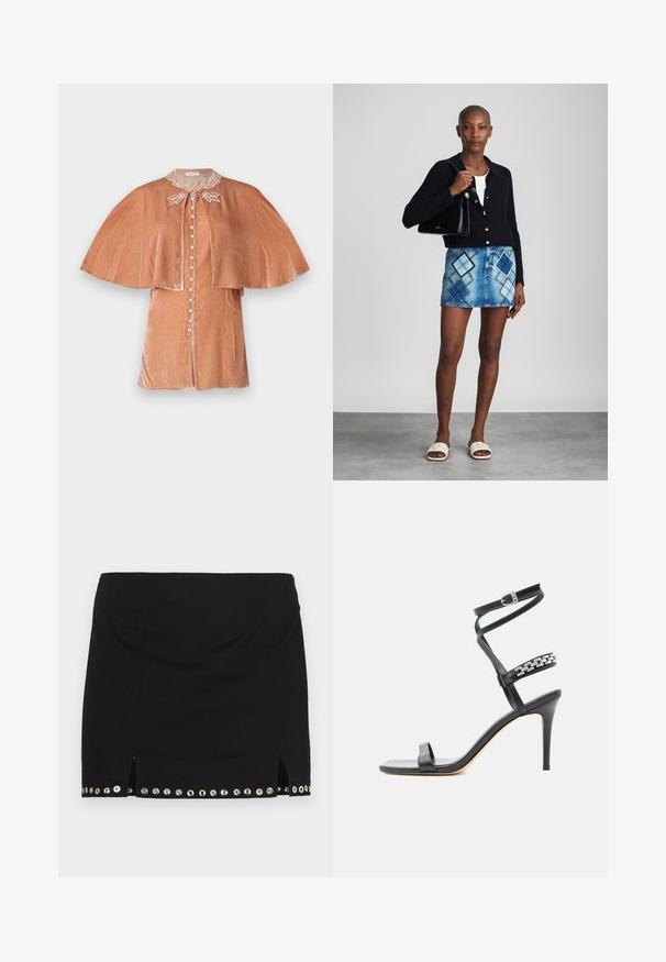 Rabanne Blusa - pink; Ludovic de Saint Sernin LISETTE - Minifalda - black; Sandalia negra de tacón alto con tira delgada en el tobillo, tira en la parte media del pie decorada con eslabones de cadena plateados y diseño de punta abierta.; Cárdigan negro de punto, blusa blanca, falda de mezclilla con patrón de diamantes en azul y negro, bolso negro y sandalias deslizantes beige.