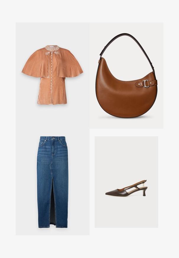 Rabanne Blusa - pink; Falda de mezclilla en azul oscuro, con una abertura frontal, cintura alta y diseño de cinco bolsillos. Hecha de material de mezclilla resistente con costuras visibles.; Zapato slingback de punta estrecha en color marrón oscuro, con tacón medio, lados recortados y un pequeño colgante dorado que cuelga de la hebilla de la correa del tobillo.; Bolso de mano de cuero marrón en forma de media luna con una correa gruesa y detalle de hebilla plateada en un lado sobre un fondo claro liso.
