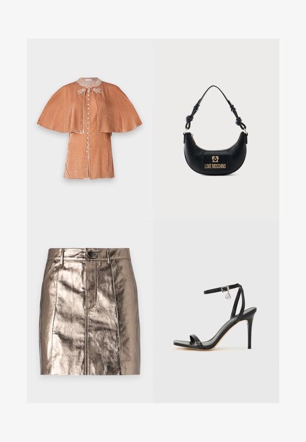 Rabanne Bluse - pink; Metallic bronze denim minibukser med lige skæring, forlommer og taljebånd med knaplukning. Glat og blank tekstur.; Sort hæl-sandal med smal ankrem, firkantet tå-boks, glat lædermateriale og metalspænde som pynt.; Sort halvmåneformet håndtaske med knyttet håndtag og guld "Love Moschino" logo plaque foran, lynlåslukning øverst.