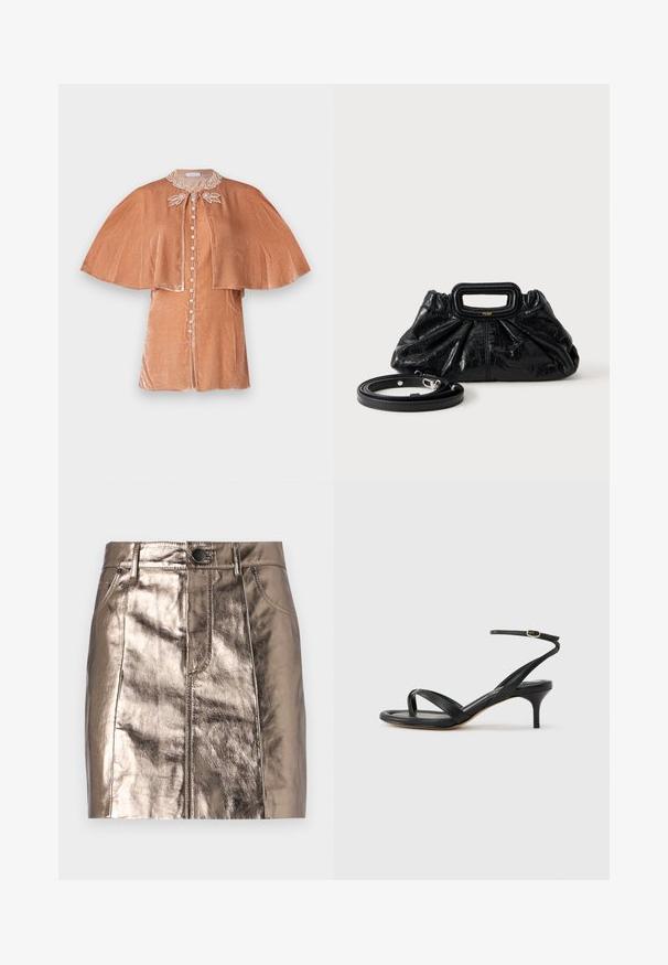 Rabanne Bluse - pink; Metallisch bronze farbene Denim-Minirock mit gerade geschnittener Form, frontalen Taschen und einem Bund mit Knopfverschluss. Glatte und glänzende Textur.; Schwarze Ledersandale für Damen mit dünnen Riemchen, einer Zehenlasche, einer Knöchelschnalle und einem mittelhohen Stöckelabsatz vor neutralem Hintergrund.; Kleine schwarze Lederhandtasche mit geraffter Textur, rechteckigem Griff und abnehmbarem dünnen Schulterriemen, der daneben liegt.