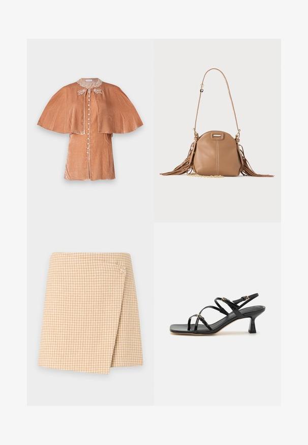 Rabanne Blouse - pink; Beige-witte houndstooth-patroon wikkelrok met knoopsluiting rechtsboven, weergegeven op een effen lichte achtergrond.; Zwarte patenten leren sandalen met banden, een vierkante neus en een lage blokhak. Voorzien van goudkleurige hardware en verstelbare enkelsbandjes.; Kleine lichtbruine leren schoudertas met lange band, gouden kettinkdetail en franjes aan beide zijden tegen een neutrale achtergrond.