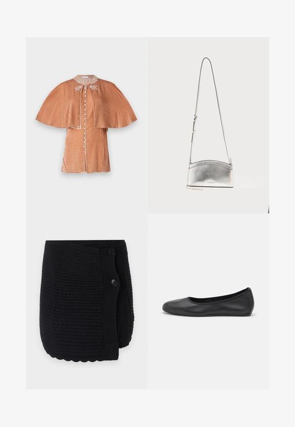 Rabanne Blouse - pink; Zwarte gebreide wikkel met een gemêleerd patroon, een gegolfde zoom en twee grote knopen voor sluiting. Zacht materiaal met een comfortabele uitstraling.; Zwarte leren ballerina met een ronde neus, gladde textuur, minimale stikdetails en een flexibele zoolontwerp.; Zilverkleurige metalen crossbodytas met verstelbare riem en subtiel logo aan de voorkant tegen een effen lichte achtergrond.