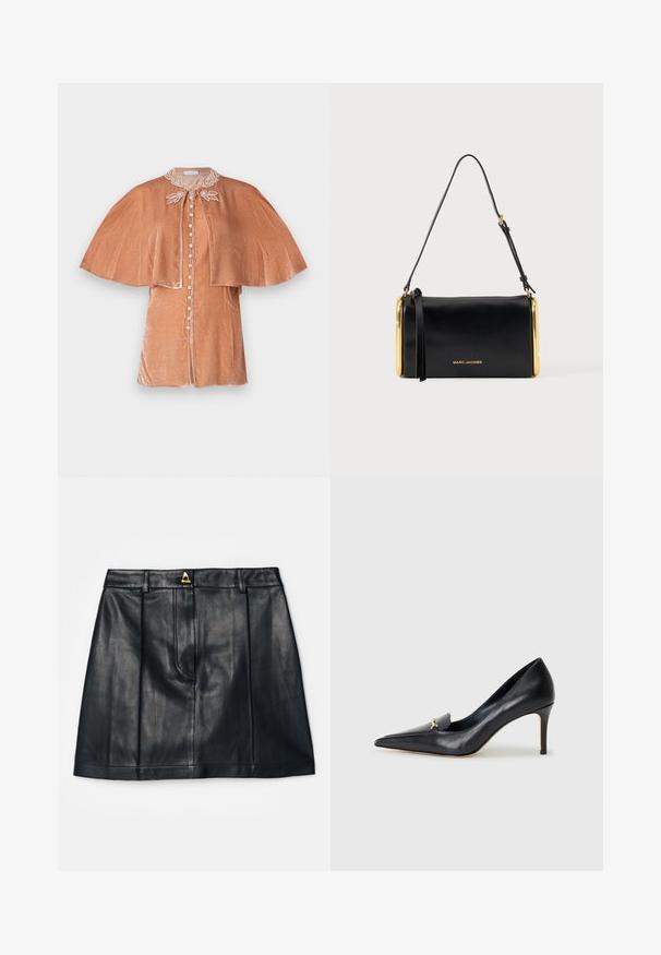 Rabanne Blusa - pink; AERON RUDENS SKIRT - Falda acampanada - black; Zapato de piel negra con punta afilada, escote bajo y un detalle decorativo dorado. Cuenta con un tacón de aguja y textura suave.; Bolso de hombro Marc Jacobs de cuero negro con laterales de marco metálico dorado y una correa ajustable sobre un fondo liso.
