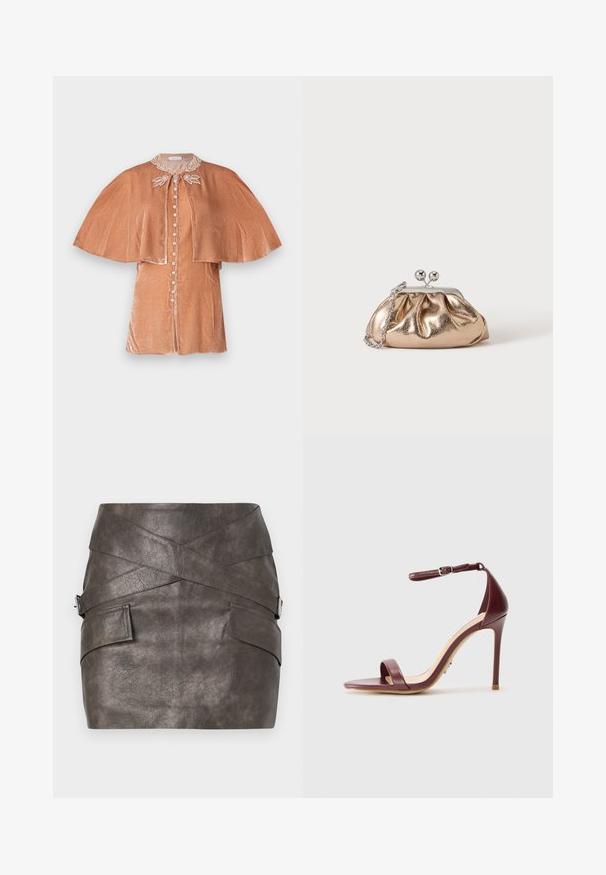 Rabanne Bluse - pink; Mørkegrå faux læder mini nederdel med et asymmetrisk design, der har crossover-detaljer og sidelommer med et metallic hardware accent.; Bordeaux læder højhælede sandal med ankelrem, åben tå og en glat, mat overflade. Har en slank hæl og minimalistisk design.; Lille gylden metalisk clutch taske med sølvspænde og kæderem på ensartet lyst baggrund.