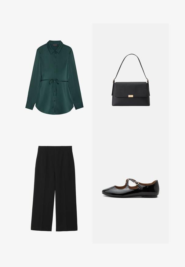 Camisa de manga larga en satén verde oscuro con cuello, cierre de botones, cintura con cordón ajustable y dobladillo curvado para un ajuste relajado.; Pantalones de pierna ancha negros, hechos de tela suave, con dos bolsillos frontales, parte delantera plana y cierre de cremallera en el lateral.; Zapato plano Mary Jane de charol negro con dos recortes y una correa con hebilla dorada sobre fondo blanco.; Bolso de mano negro hecho de un material texturizado con una forma estructurada. Presenta un cierre de solapa, un acento en tono dorado y un asa sencilla.