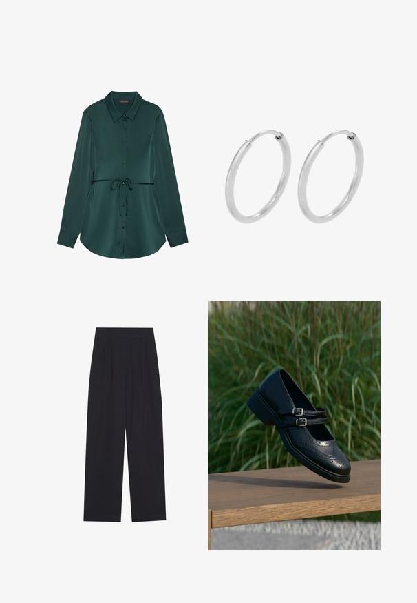 Camisa de manga larga en satén verde oscuro con cuello, cierre de botones, cintura con cordón ajustable y dobladillo curvado para un ajuste relajado.; Pantalones anchos negros de tela suave, con pliegues, cinturilla plana y sin bolsillos ni adornos visibles.; Zapato Mary Jane negro de cuero con dobles correas con hebillas y detalles brogue, flotando sobre un banco de madera con fondo de césped verde.; Pendientes de aro de plata, forma circular, textura lisa y brillante, y ancho constante en toda su extensión. Diseño minimalista sin acentos adicionales.
