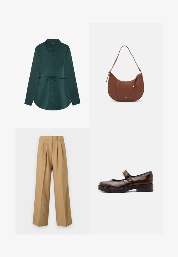 Overhemd met lange mouwen van donkergroen satijn, met een kraag, knoopsluiting, taillekoord en een afgeronde zoom voor een ontspannen pasvorm.; Beige katoenen broek met een hoge taille, geplooide voorkant, wijde pijpen en een gladde textuur. Voorzien van een standaard tailleband en riemlussen.; Donkerbruine Mary Jane-schoen met glanzende afwerking, afgeronde neus, lage blokhak en gouden gesp over de wreef.; Bruine faux leren schoudertas met een gebogen vorm, minimale stiksels en een gouden hardware-accent. Voorzien van een bovenste ritsluiting en een verstelbare schouderband.