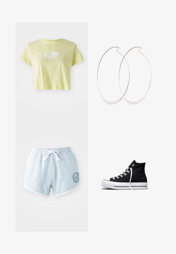 lichtgele cropped T-shirt van katoen. Beschikt over een witte bloemenafbeelding in het midden van een hartvorm aan de voorkant.; Lichtblauwe shorts van zachte stof met een witte trekband, voorzien van witte afwerking en een ronde logopatch aan de zijkant.; Zwarte hooggesloten canvas sneaker met witte rubberen zool en witte veters, zijwaarts weergegeven op een witte achtergrond.; Zilveren oorringen met een dun, glad ontwerp; langwerpige ovale vorm; gepolijste afwerking; voorzien van een veilige haaksluiting.