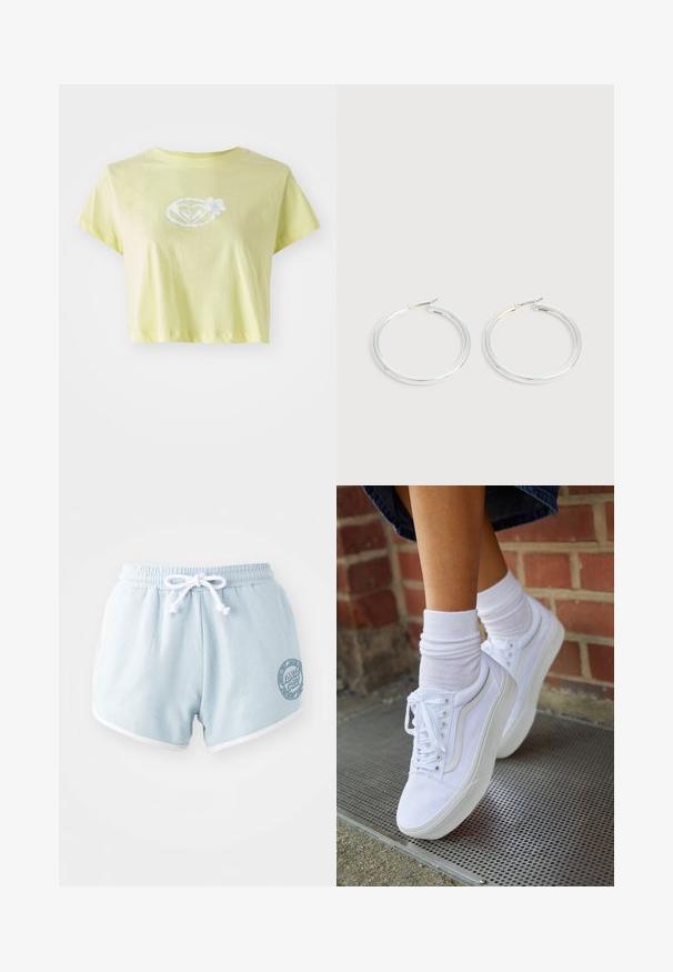 Lysegul, kortærmet T-shirt lavet af bomuld. Har et hvidt blomstermotiv i midten af en hjerteform på forsiden.; Lyseblå shorts lavet af blødt stof med en hvid snor, der har hvid kant og et rundt logo patch på siden.; Hvide lærreds sneakers med gummisåler, der har seks snørehuller, rund tå og let sømdetaljer, krydret med hvide ankelstrømper.; Par skinnende sølvøreringe med tynde trådlåse, vist på en lys grå baggrund.