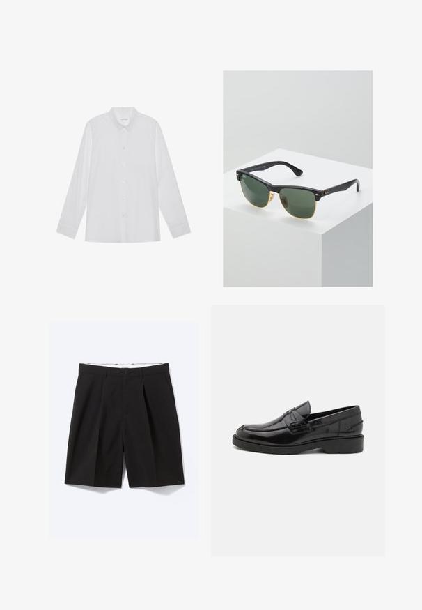 Chemise blanche à manches longues en tissu lisse, dotée d'un col pointu, d'une fermeture à boutons sur le devant et de poignets à un bouton.; Shorts noirs sur mesure longueur genou avec passants de ceinture, poches latérales, fermeture par boutons et plis devant, posés à plat sur fond blanc.; Mocassins en cuir noir avec une finition lisse, un bout rond, un petit talon et descoutures décoratives à l'avant. Semelle en caoutchouc pour l'adhérence.; Lunettes de soleil Ray-Ban avec des verres verts, monture en plastique noir et accents dorés sur les bords. Forme carrée avec une finition mate.