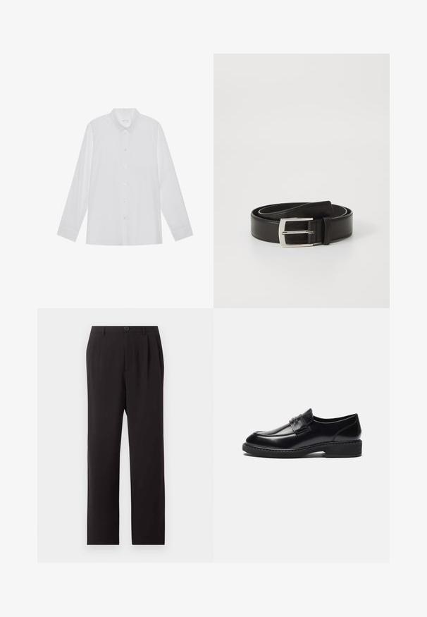 Chemise blanche à manches longues en tissu lisse, dotée d'un col pointu, d'une fermeture à boutons sur le devant et de poignets à un bouton.; Pantalon noir taille haute sur mesure avec plis, fermeture par boutons, passants de ceinture et jambes droites sur un fond clair uni.; Zign LEATHER - Mocassins de ville - black; Ceinture en cuir noir avec une texture lisse, comportant une boucle en métal argentée de forme rectangulaire et un design classique.