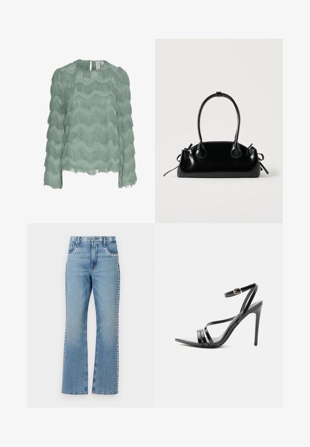 Blusa de manga larga verde menta con diseño de flecos horizontales en capas, tela texturizada, escote redondo y cierre con botones en la parte posterior.; Good American GOOD ICON STUDDED - Vaqueros rectos - indigo; Sandalia negra de tacón alto con finas tiras sobre los dedos y el tobillo, con una hebilla dorada en un tacón stiletto delgado.; Pequeño bolso negro brillante con dos asas largas y detalles de cordón lateral sobre un fondo claro liso.