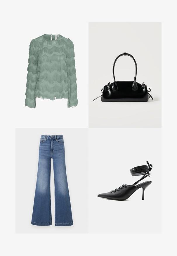 Blusa de manga larga verde menta con diseño de flecos horizontales en capas, tela texturizada, escote redondo y cierre con botones en la parte posterior.; Good American GOOD WAIST PALAZZO COMPRESSION - Vaqueros a campana - indigo; Zapato de tacón alto negro con punta puntiaguda, con cordones en la parte delantera y correas que rodean el tobillo atadas con un lazo, mostrado de lado sobre un fondo blanco.; Pequeño bolso negro brillante con dos asas largas y detalles de cordón lateral sobre un fondo claro liso.